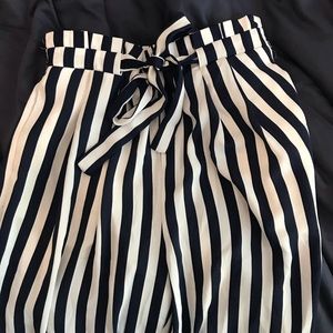 Zara striped high-waisted wide-leg paper bag pants